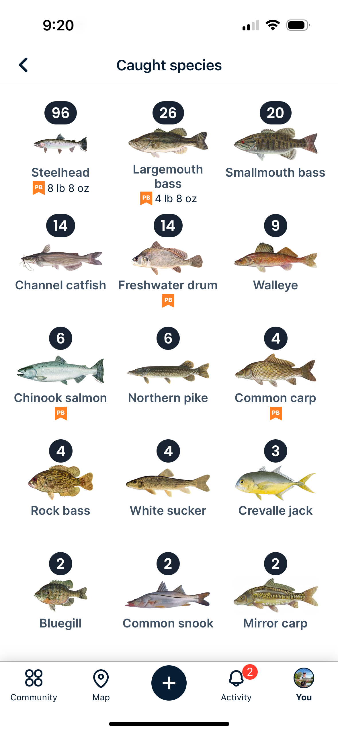 Screenshot: Caught Species List in Fishbrain