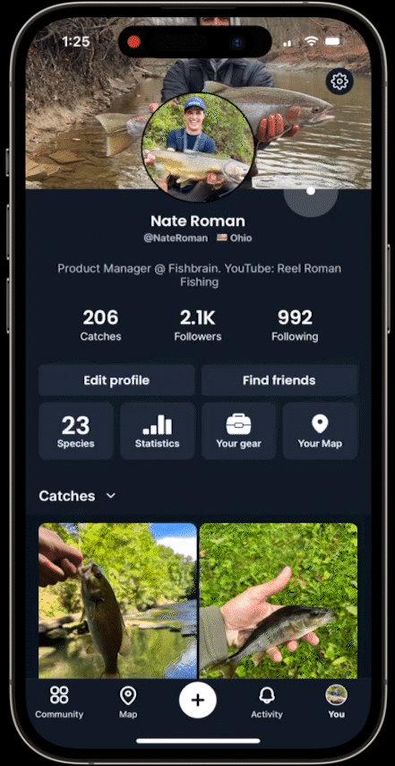 Drop down menu to select view for catches, posts, trips or personal bests